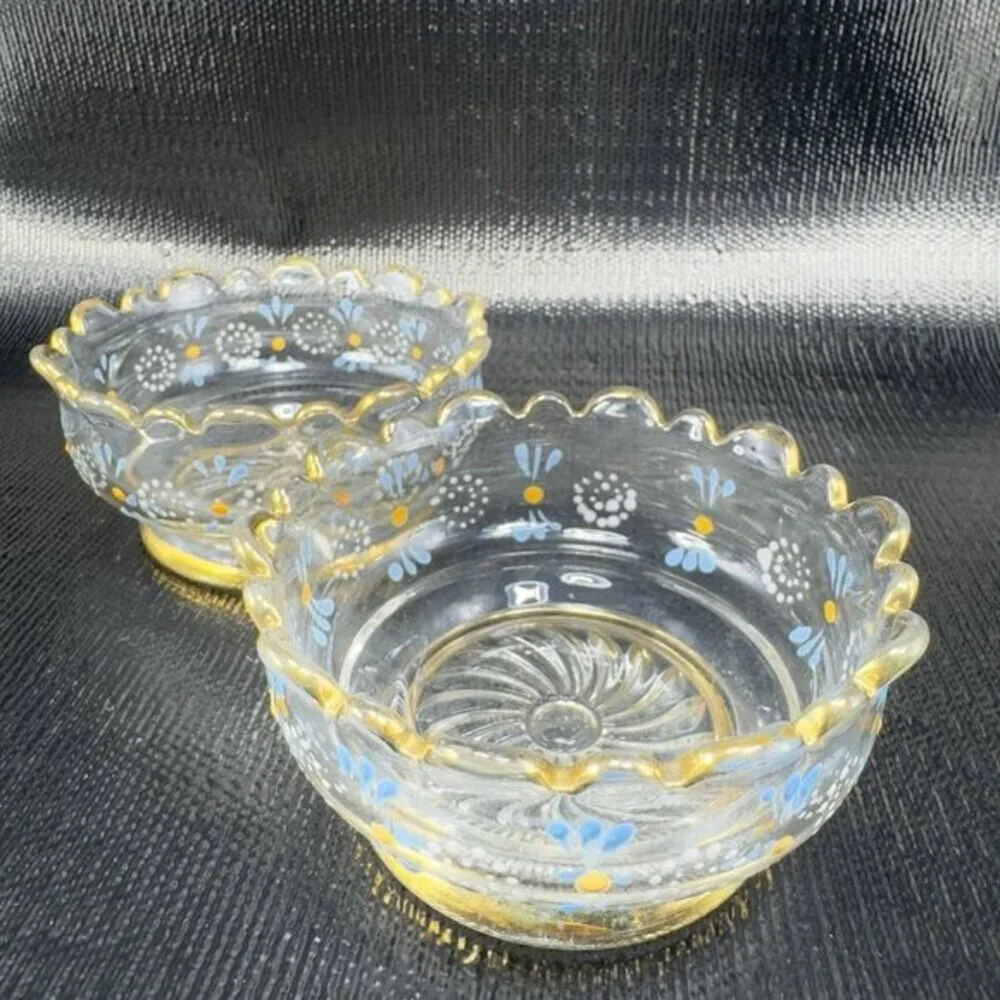 Antique Enameled Paint‎ Glass Bowl Dish Gold Painted Edge Manganese 365nm Set 4